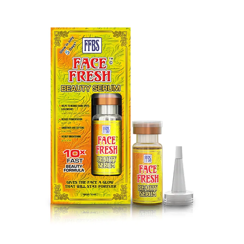 Face Fresh Beauty Serum 10ml box, bottle, and applicator — an alpha arbutin face serum that reduces dark spots, pigmentation, and visibly brightens skin with 10x fast beauty formula