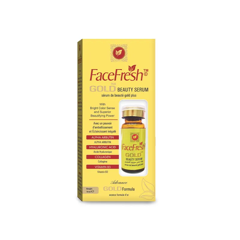 Face Fresh Gold Plus 3ml skincare collagen face serum and moisturizer box with active ingredients alpha arbutin and hyaluronic acid