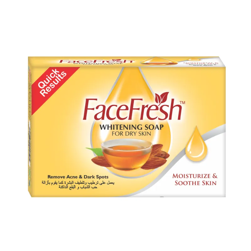 Face Fresh Whitening Soap for dry skin box packaging — a moisturizing soap for dry skin formulated with honey and almond to soothe and hydrate