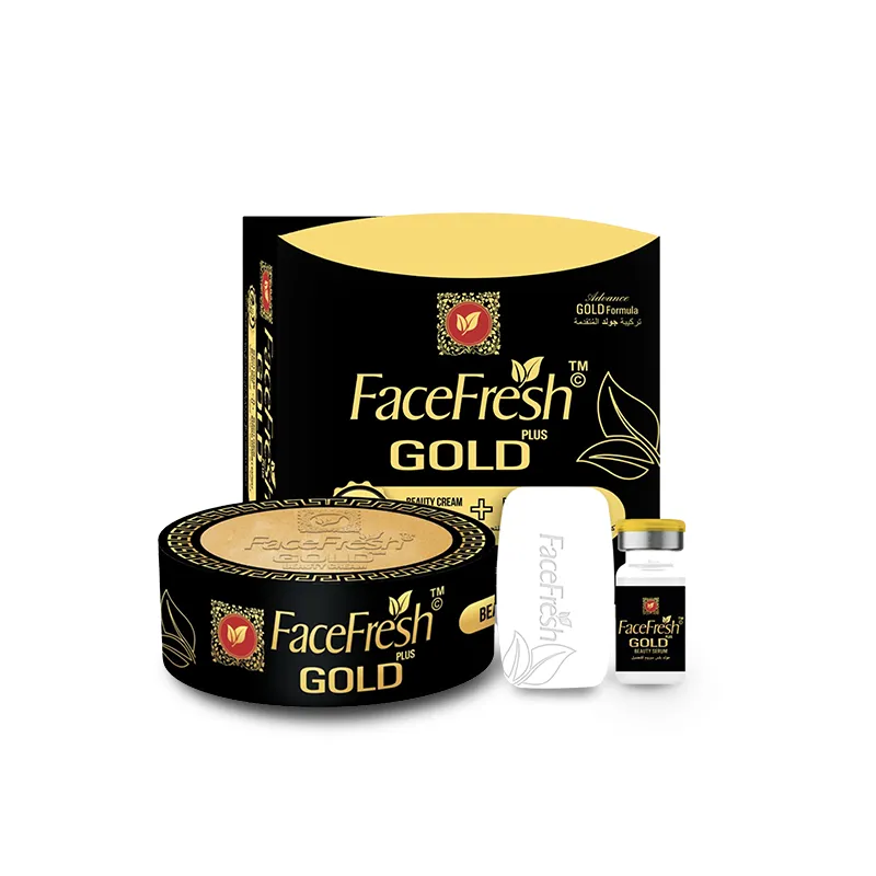 Face Fresh Gold Plus 4-in-1 skincare gift set on sale — includes beauty cream, vitality serum, gold-infused soap, and deep nourish formula in a premium black and gold box