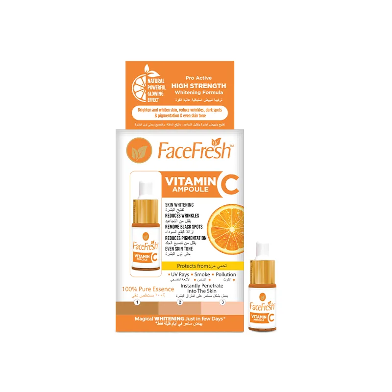 Face Fresh Vitamin C Ampoule 5ml box and bottle — a high strength collagen face serum with 100% pure essence for skin whitening, wrinkle reduction, and even skin tone