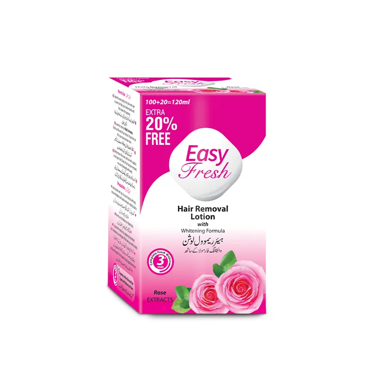 Easy Fresh Rose Hair Removal Lotion 120ml box — featuring rose water for dry skin and gentle cream for hair removal in pubic area and bikini area
