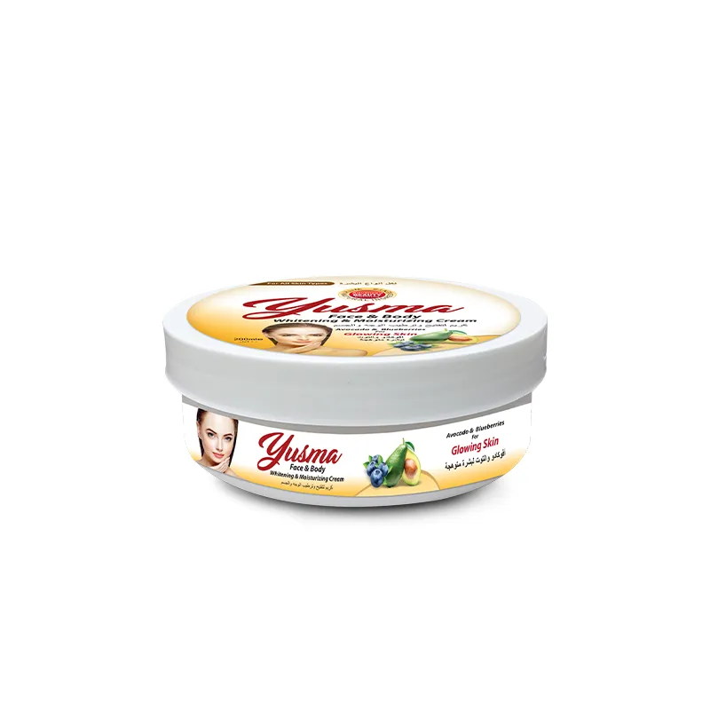 Yusma body cream whitening tub packaging with avocado and blueberry extracts for all skin types