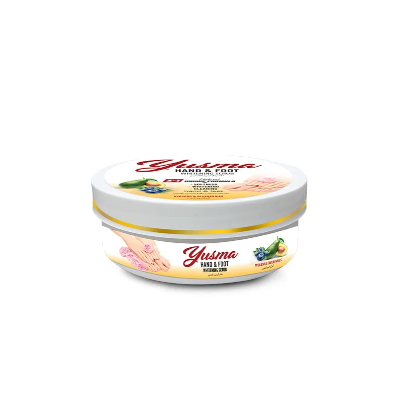 Yusma hand and foot scrub 225g tub packaging — a 3-in-1 exfoliating foot scrub with avocado and blueberry extracts