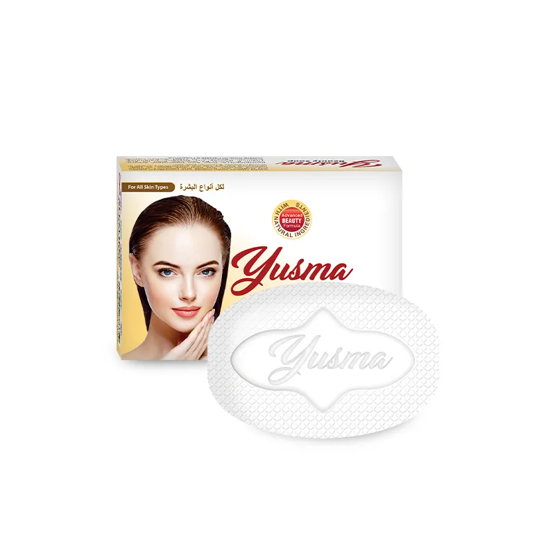 Yusma white skin whitening soap bar and box packaging formulated with avocado and blueberry natural extracts for all skin types