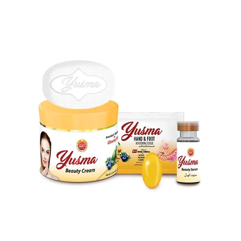 Yusma 5-in-1 skincare set containing brightening serum, beauty cream, soap, scrub, and capsule for complete skin care routine