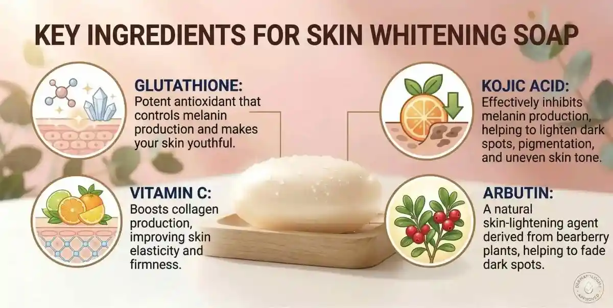 key ingredients in skin whitening soap including glutathione vitamin c kojic acid and arbutin