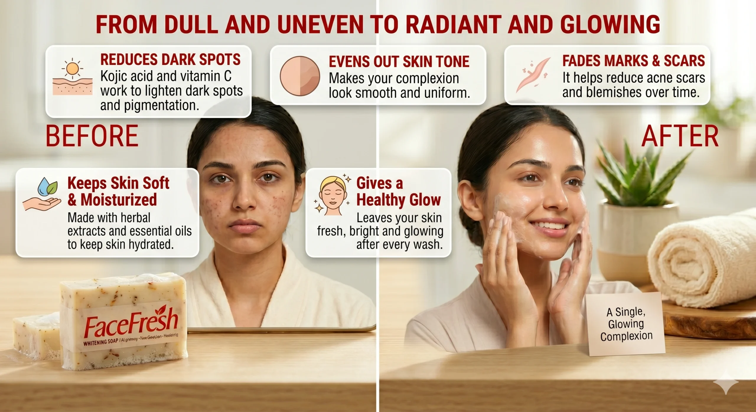 Before and after results of using affordable soap for whitening skin showing brighter and more even complexion 