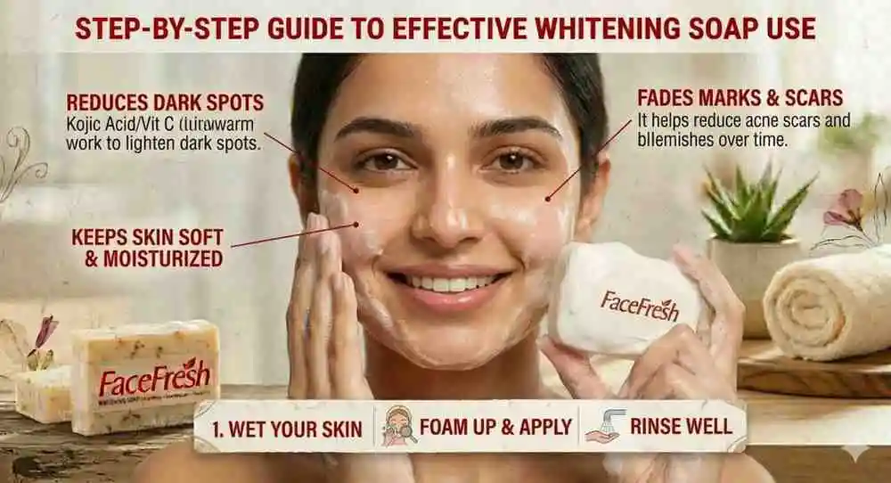 Step by step guide showing how to use affordable soap for whitening skin to reduce dark spots and improve complexion