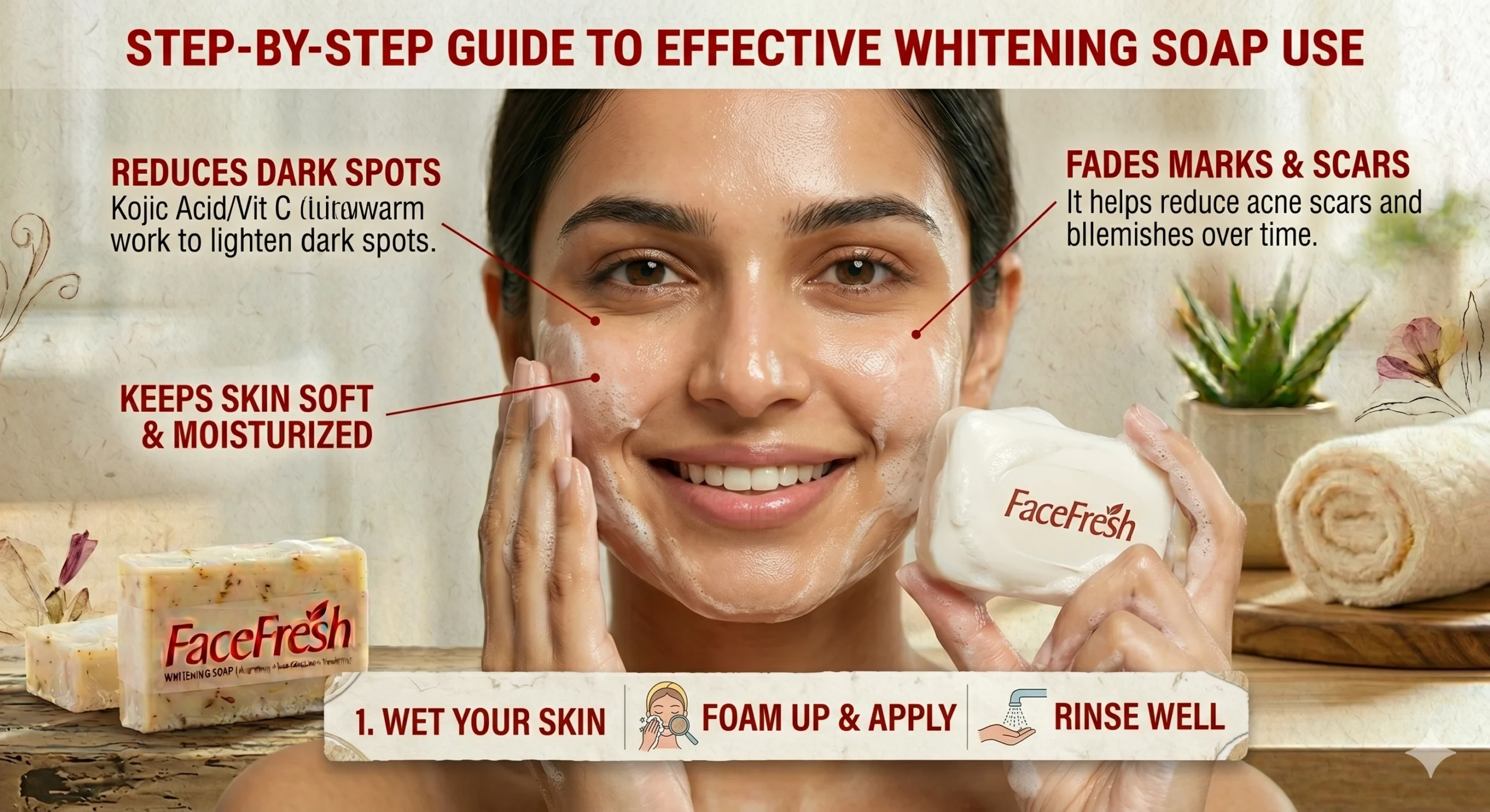 Step by step guide showing how to use affordable soap for whitening skin to reduce dark spots and improve complexion 